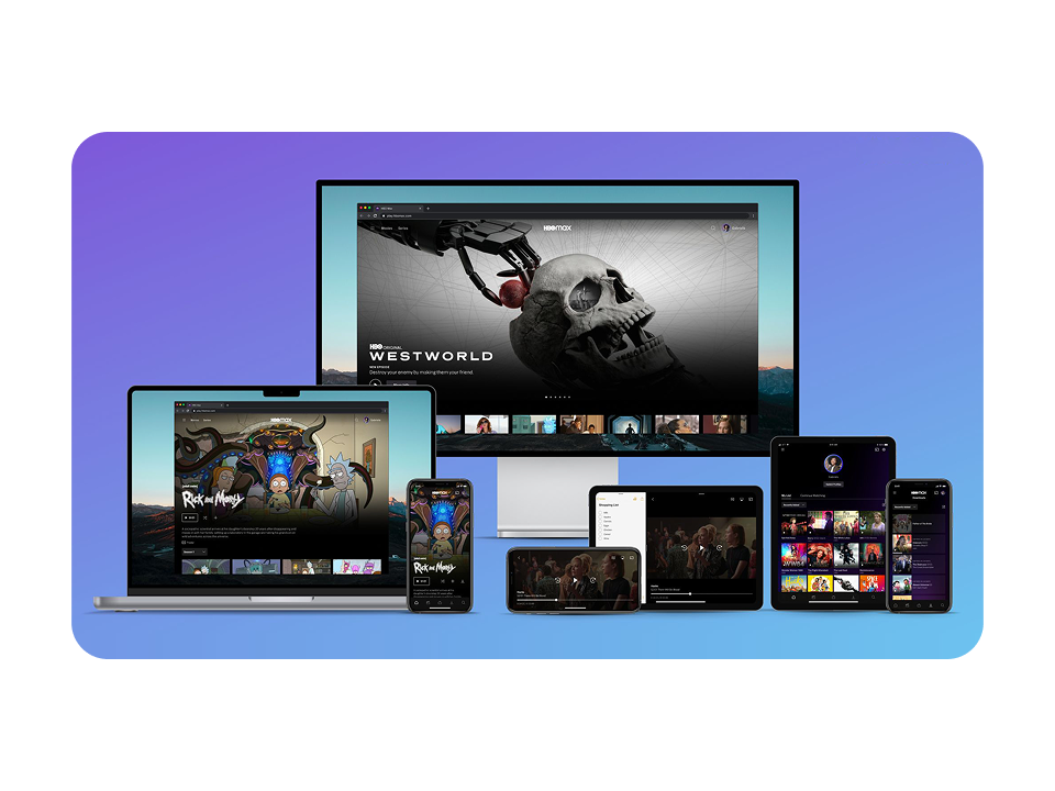 HBO Max running on a television, laptop, tablet and phone.